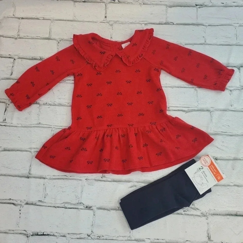 18M Red Dress w Black Bow Details and Matching Black Tights Girls Outfit
